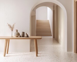 A modern minimalist hallway with terrazzo flooring and natural light streaming through.
