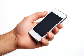 Close up of a hand holding a smartphone with a blank screen Isolated on a white background