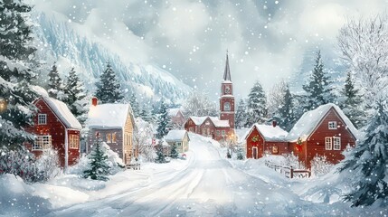 Naklejka premium Snowy rooftops, peaceful winter village, watercolor style. Background design for invitation, card, social post, cover.