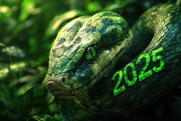 Green snake with 2025 text in a lush jungle setting