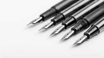 Fototapeta premium A close-up of five elegant fountain pen nibs arranged in a row, showcasing their fine craftsmanship and writing precision against a white background.