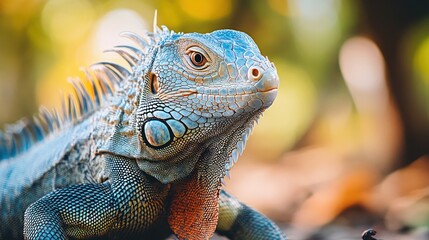 Fototapeta premium Iguanas are herbivorous reptiles known for their long tails, sharp claws, and spiky crests. Found in tropical regions, they are skilled climbers and can regrow their tails if lost.
