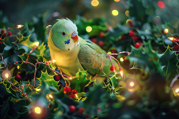 A charming parakeet on a Christmas wreath, surrounded by holly and fairy lights, harmonious composition, softly lit by ambient light