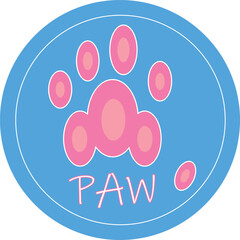 Vector illustration of a pink paw print on a light blue circle. This versatile design can be used for various purposes, including branding, marketing, and merchandise