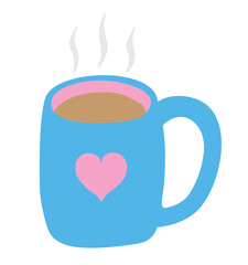 A blue mug with a pink heart and steaming hot coffe vector illustrator