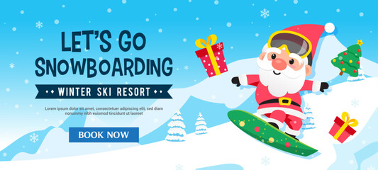 Obraz premium Santa Claus Snowboarding in winter landscape background vector illustration. Winter sports activities banner
