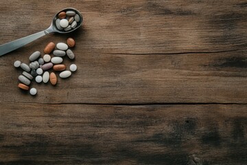Naklejka premium Pills and Measuring Spoon on Wooden Table