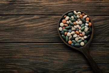 Naklejka premium Pills and Measuring Spoon on Wooden Table