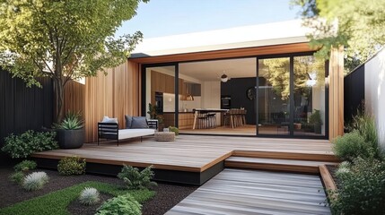 The renovation of a modern home extension in Melbourne includes the addition of a deck- patio- and courtyard area.ai generative