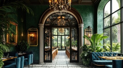 Obraz premium Luxurious green restaurant interior with arched doorway, plush seating, and large windows.