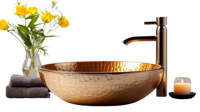 A golden vessel sink with a sleek faucet. Modern bathroom accessory blending functionality with luxury design, isolated on transparent background.