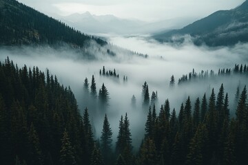 Fototapeta premium Misty mountain landscape with snow-capped peaks reflecting in the serene lake