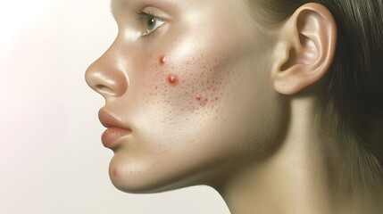 Young woman with acne skin condition on mint background. Horizontal banner for dermatology clinics, skincare brands, medical centers, wellness blog, healthcare marketing, space
