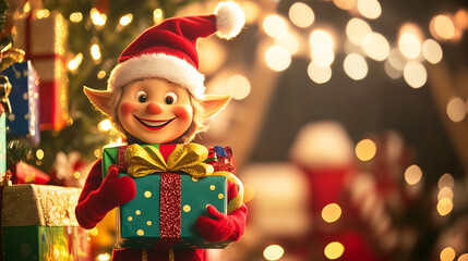 Friendly holiday elf with a cheerful smile, holding a stack of colorful presents, surrounded by festive decorations and Christmas lights.