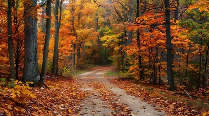 Obraz premium A vibrant autumn landscape with trees ablaze in color a carpet of leaves on the ground and a peaceful path winding through the woods