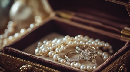 Diamond Ring and Pearl Necklace in a Vintage Jewelry Box