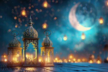 Obraz premium Beautiful greeting card with bright holiday composition for happy and joy celebrate Ramadan