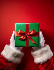 Santa Claus hands holding a christmas gift on a red background.