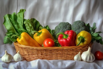 Fresh vegetables wicker basket vibrant colors healthy eating farm produce organic food crisp textures colorful peppers