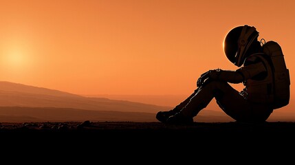 Lonely astronaut sits on desolate Martian landscape at sunset.