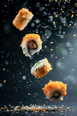 Sushi and roll levitation with soy sause, sesame seeds. Japanese food photo, dark background.