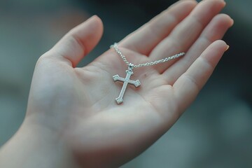close-up female hand holding a silver cross necklace, with a blurred background and soft natural lighting
