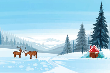 Christmas scene with snow covered house landscape background