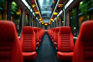 A long train with red seats in the middle of it
