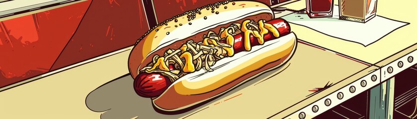Fototapeta premium A vibrant hot dog loaded with toppings sits on a table, accompanied by a drink, capturing a classic casual dining experience.