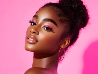 Obraz premium Portrait of a confident young woman studio setting fashion photography vibrant colors close-up empowerment and beauty