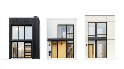 Three modern homes with unique facades: black metal, oak, and ivory stucco.
