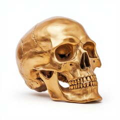 Obraz premium The skeleton of a human skull is painted with gold paint, front view, on a white background close-up.