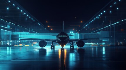 Night view of a modern airport with a parked airplane illuminated