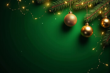 Naklejka premium A festive Christmas background with a deep green backdrop adorned with a branch of pine needles, colorful ornaments, and twinkling fairy lights.