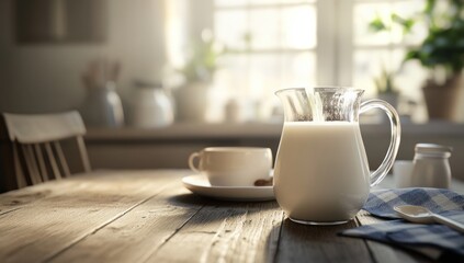 Fototapeta premium Milk Jug on Wooden Table in a Sunny Kitchen