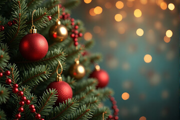 A festive Christmas scene with a wooden table adorned with a garland of pine branches, red bows, pine cones, and fairy lights against a warm, bokeh background.
