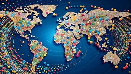 Fototapeta premium Global Interconnectivity A Colorful World Map Composed of Vibrant Spheres Illustrating International Connections
