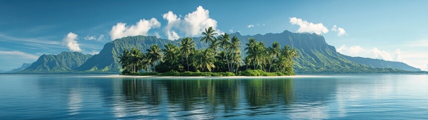 A stunning tropical island paradise with lush greenery, clear waters, and majestic mountains in the background, perfect for relaxation.