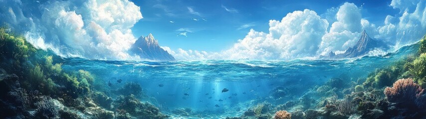 A stunning underwater scene showcasing vibrant coral reefs and clear blue waters, creating a serene marine paradise.