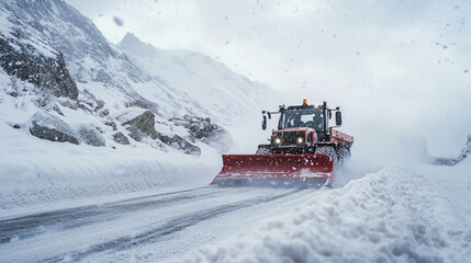 Naklejka premium A robotic snowplow controlled remotely, clearing roads in a mountain region during a heavy snowstorm, with snow accumulating rapidly on surrounding terrain.