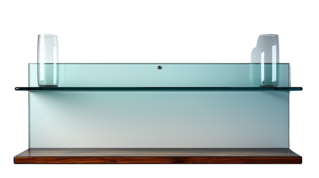Transparent glass shelf with a modern minimalist style. A perfect solution for organizing your home while enhancing your contemporary interior design, isolated on transparent background.