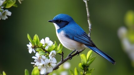Vivid blue bird perched on blossoming branch.