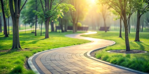 Obraz premium Serene Park Path at Sunrise A Winding Walkway Through Lush Greenery and Sunlight