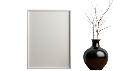 Stylish and minimalist table with a round frame, complemented by a delicate vase for a sophisticated and modern interior design, isolated on transparent background.