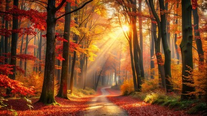 Autumnal Pathway Sunbeams Illuminate a Winding Road Through a Forest of Crimson and Gold