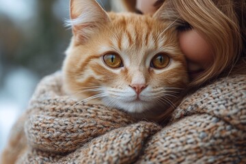 Obraz premium A girl gently holds a cat wrapped in a warm knitted blanket. The cat looks calm, her eyes slightly squinted, enjoying the warmth and comfort.