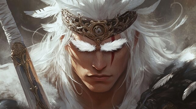 The Unyielding Spirit: A Blind Warrior Adorned with a White Feathered Crown, Embracing Inner Strength and Valor