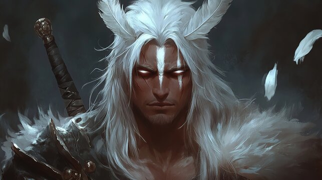 The Unyielding Spirit: A Blind Warrior Adorned with a White Feathered Crown, Embracing Inner Strength and Valor