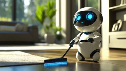 Smart robot helping with household chores, holding a cleaning tool