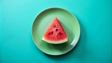 A refreshing slice of watermelon on a pale green plate against a vibrant teal background